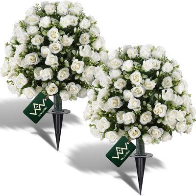 24’’ White Rose Topiary Ball Tree, Faux Plants Outdoor Rose Bush, Fake Evergreen Potted Plants Artificial Decor for Indoor Home Front Porch Decor, Set of 2