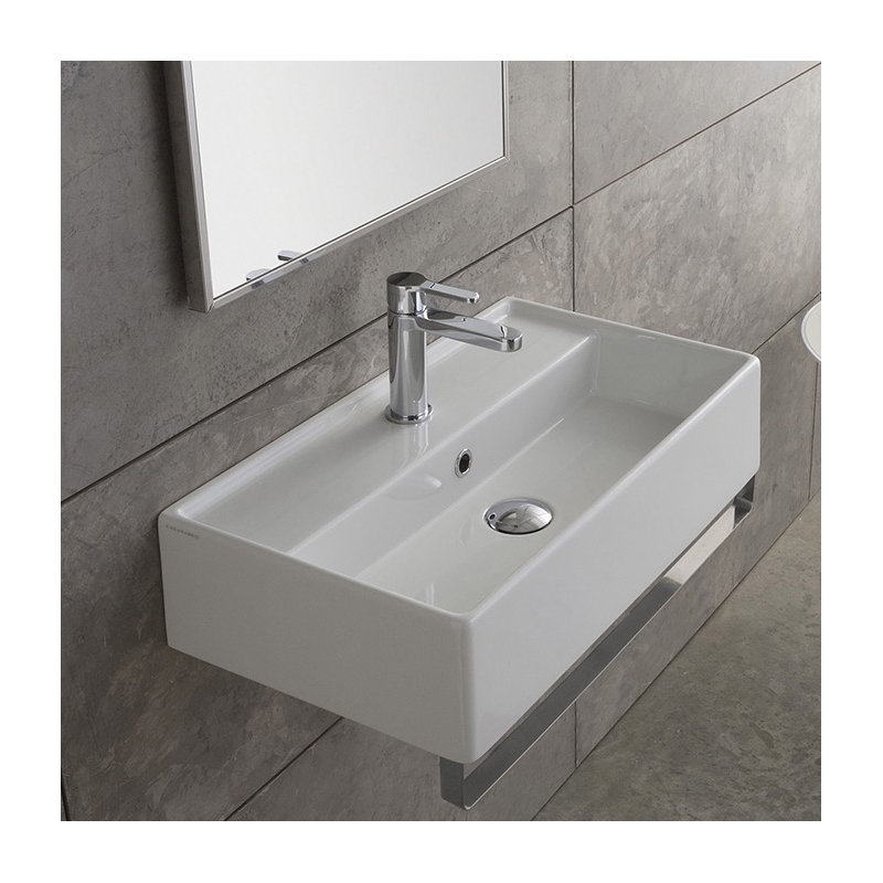 Lavabo de salle de bain mural rectangulaire en céramique avec trop-plein Teorema, Trois trous