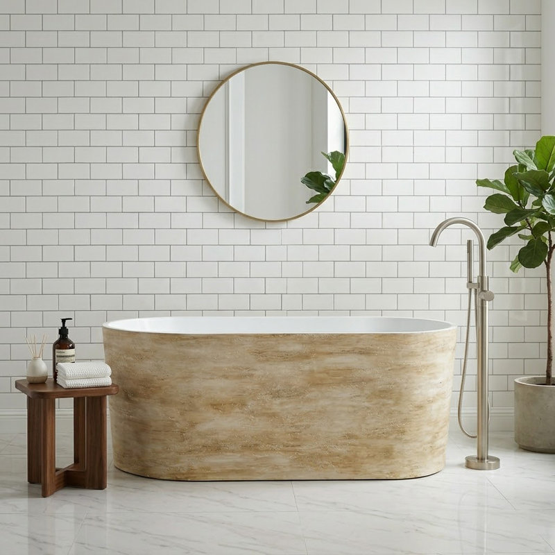 Baignoire autoportante à surface solide de 63 po - intérieur blanc mat avec teinte de bois extérieure avec texture de fossette encastrée