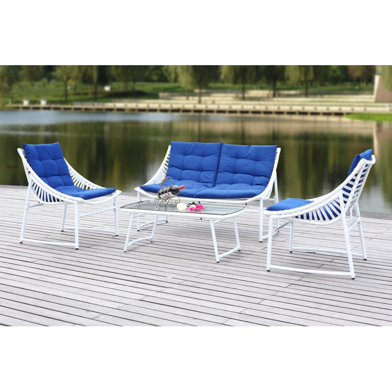 Ensemble de conversation avec canapé en rotin 4 pièces et coussins Larose, Blanc, Marine