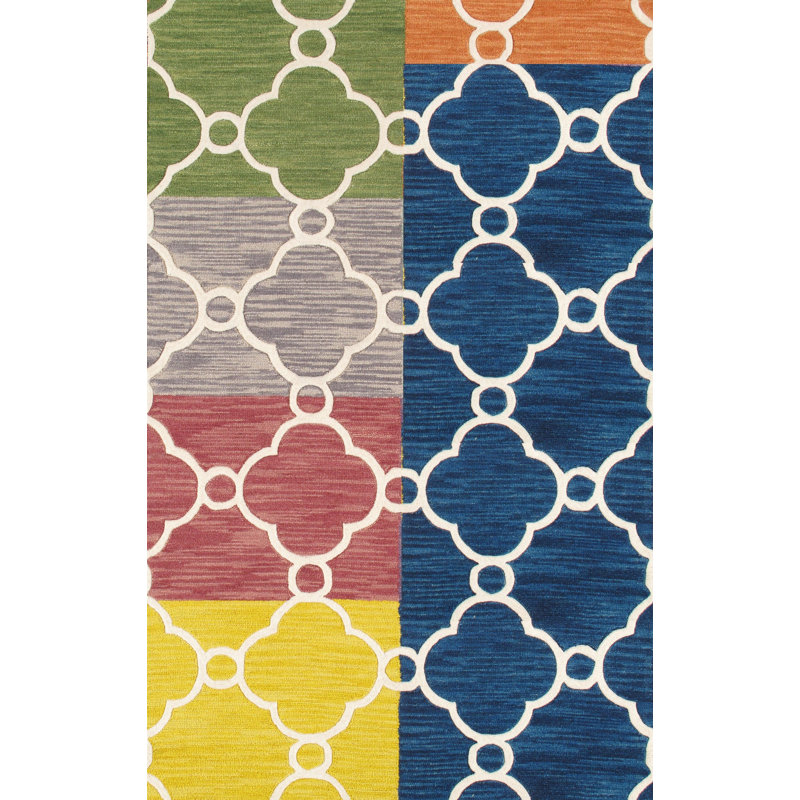 Tapis bleu / vert / jaune en coton / laine marocain fait à la main 5 pi x 8 pi