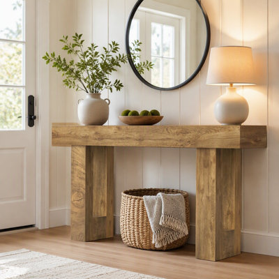 Long Console Table, Farmhouse Entryway Table with Storage, Native Wood Grain Tree Scars, Wooden Rectangular Sofa Table Behind Couch for Entrance, Hall