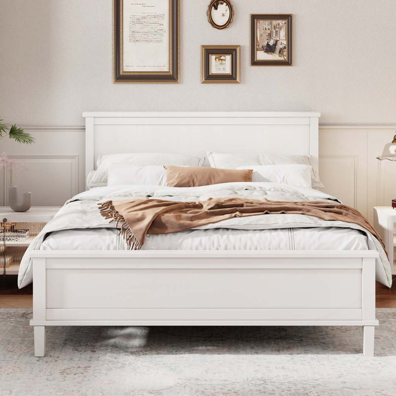 Wood Platform Bed with Headboard and Wood Slat Support, White, King