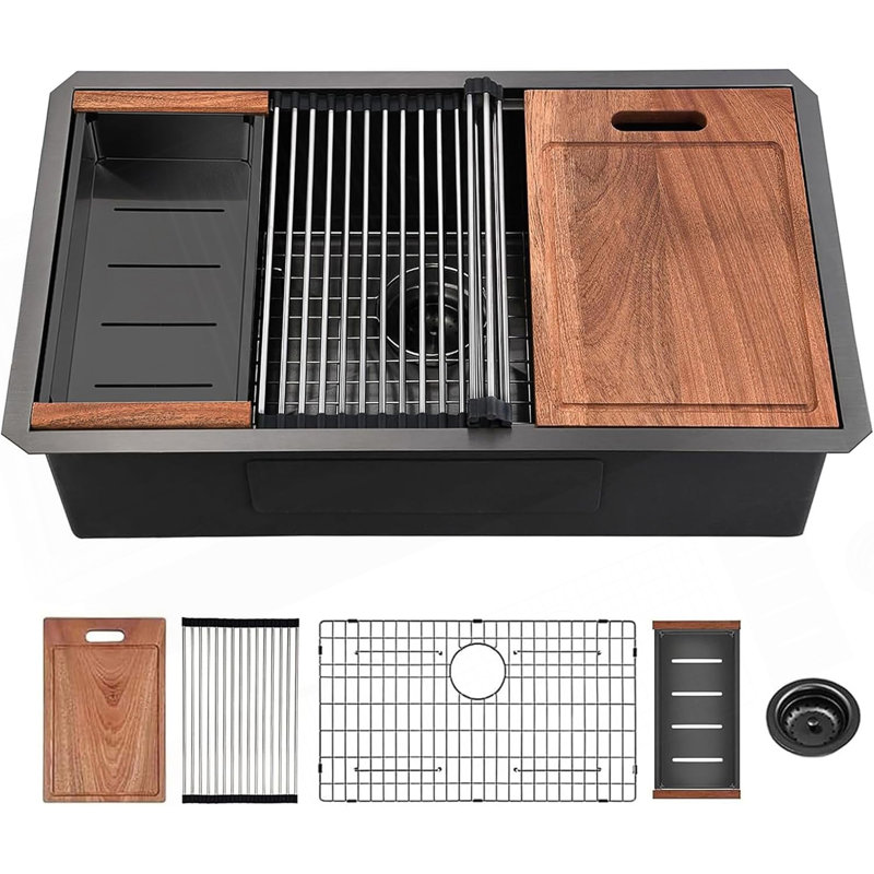 Évier de cuisine encastrable noir de 32 pouces avec comptoir profond, réduction du bruit et accessoires pour économiser de l'espace.