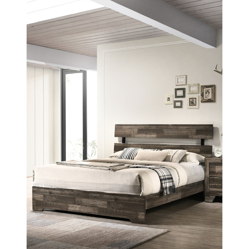 Contemporary King Bed With Rustic Style And Low - Profile Slat Headboard, Brown Wood, In One Box, Stable Structure Box, King