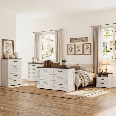 Bedroom Set,farmhouse 4 Drawer Dresser & 5 Drawer Dresser & 6 Drawer Dresser And Two 2 Drawer Nightstands With Charging Station