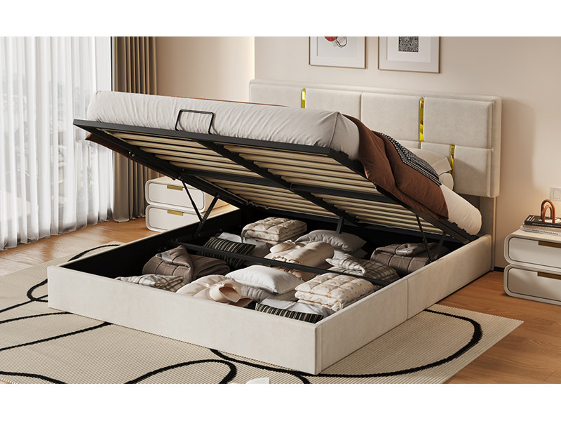 Grand lit plateforme tapissier avec système de rangement hydraulique, sans sommier tapissier, beige