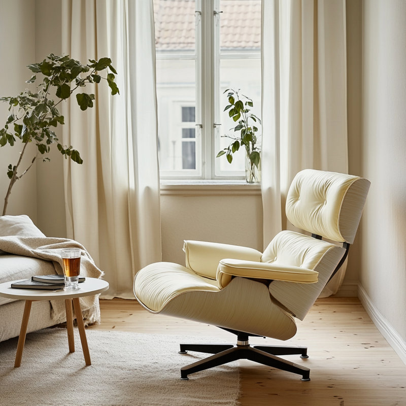 Real Leather lounge chair with Solid Wood, Natural Wood Cream Genuine Leather