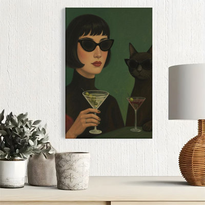 Affiche d'art mural sur toile encadrée 1pc, Femme mystérieuse et chat noir, cocktail et lunettes de soleil, réalisme néo-classique, impression sur toile pour salon, chambre, bureau, salle de bain, dortoir, prêt à accrocher