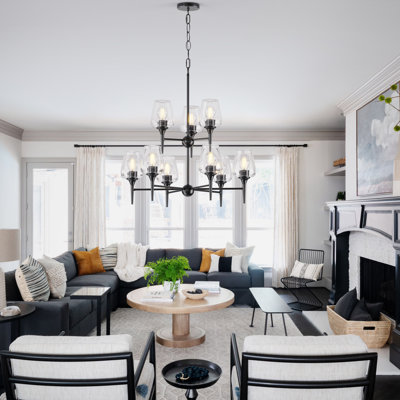 9 Light Chandelier, Adjustable Height Chandeliers for Dining Room, E26 Socket Modern Pendant Lights Kitchen Island, Farmhouse Chandelier with Clear Wine Glass Shade for Living Room Restaurant Villa