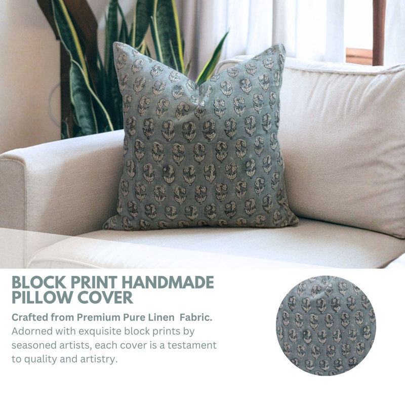 Linen Block Print 24x24 Cushion Cover, Decorative Throw Pillowcase, Floral Print Linen Cushion - SUPERSTAR, 24" x 24"