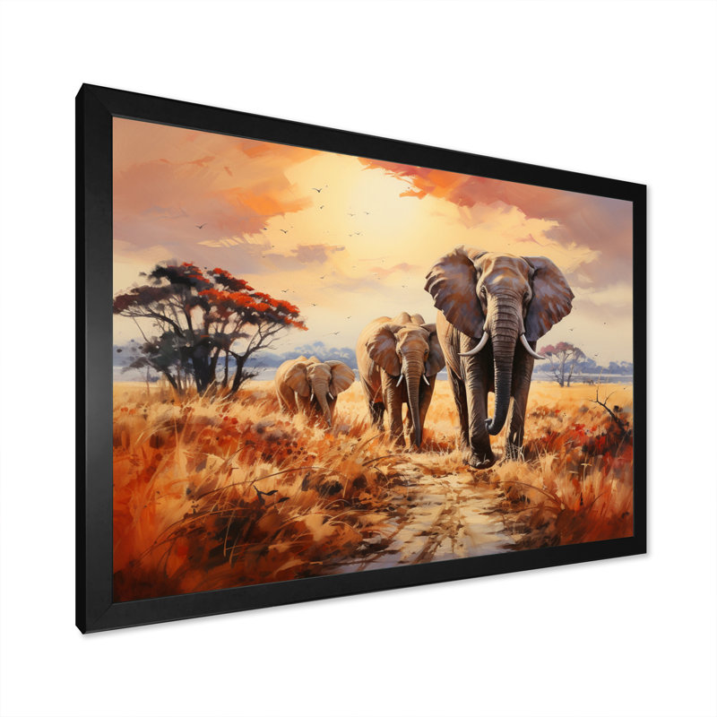 Éléphant d'Afrique, prairies d'Afrique I, reproduction sur toile, Cadre simple noir, H 16 po x l 32 po x P 1 po