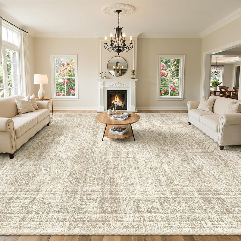 Tapis beige vintage, lavable, antidérapant et antitache, à poils courts, pour salon et chambre.