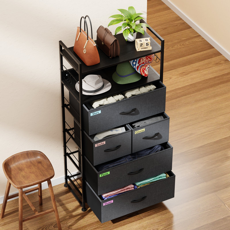 Commode 5 tiroirs avec rangement en bois Ranim, Gris / noir