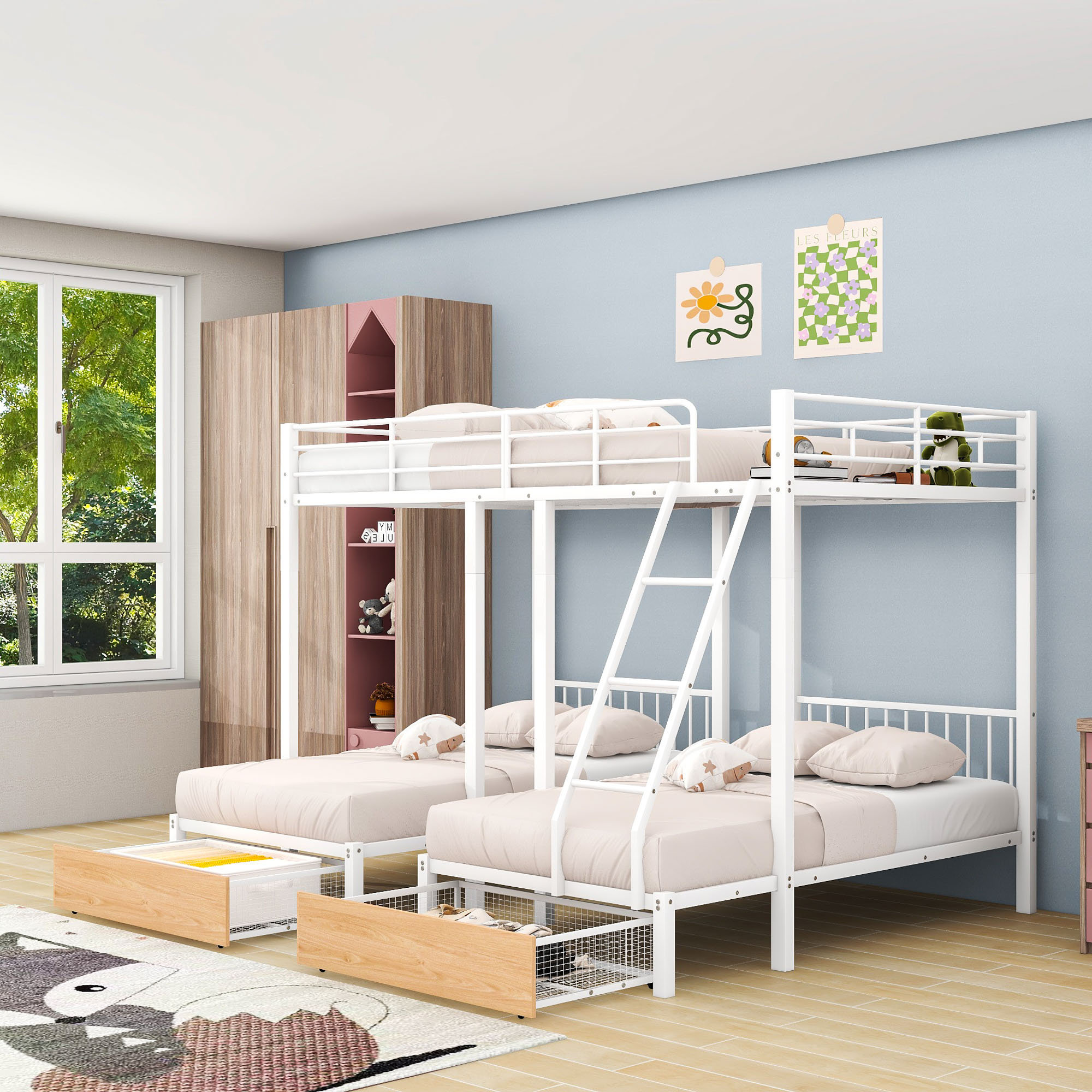 Harriet Bee 2 Drawers Metal Full Over Twin &amp; Twin Triple Bunk Bed With ...