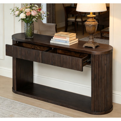Oval Fluted Console Table With 2 Drawers And Bottom Shelf, Wood Entryway Table With Smooth Metal Slides For Living Room, Entryway (espresso)