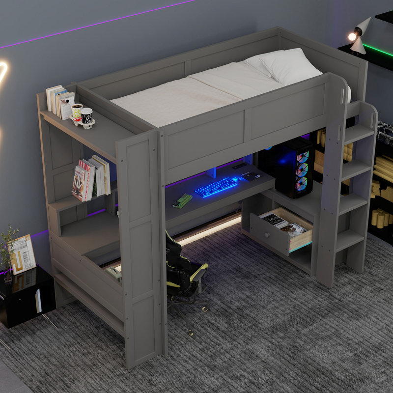 Lit mezzanine en bois avec bureau, tablettes multiples, DEL et station de charge, Lit simple