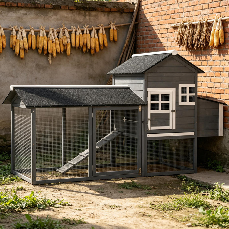 Poulailler 84 po en bois avec enclos, nichoir, toit en asphalte, plateau et rampe amovibles, Gris