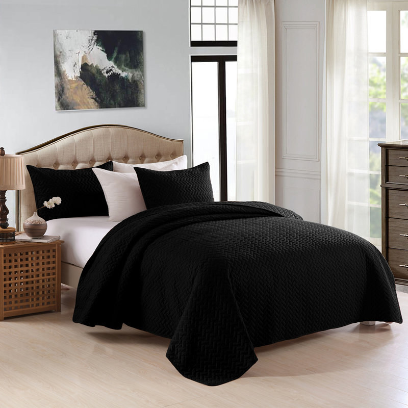 Ensemble de courtepointe en microfibre 3 pièces Mooney, Courtepointe très grand + 2 taies d'oreiller, Noir