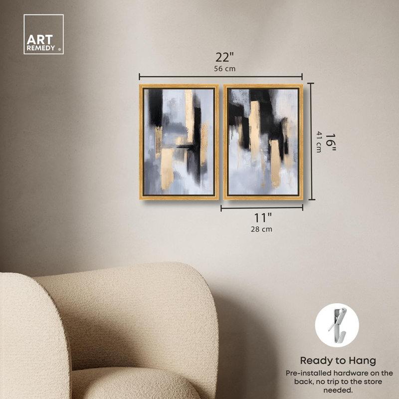 Ensemble d'impressions sur toile « Onyx and Aureolin » : ensemble d'art abstrait bohème par Art Remedy, encadrement sur châssis, 24 x 36