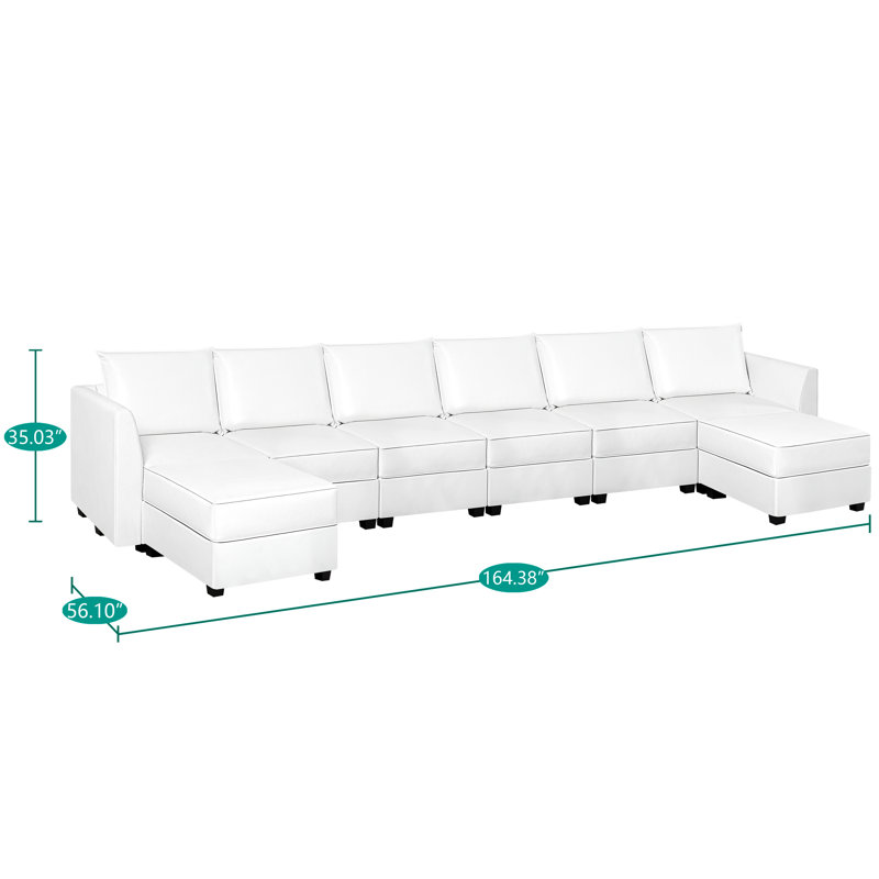 Rudine 6 Seater Convertible Modular Sectional Air Leather Sofa With 2 Ottoman for Living Room, Bright White