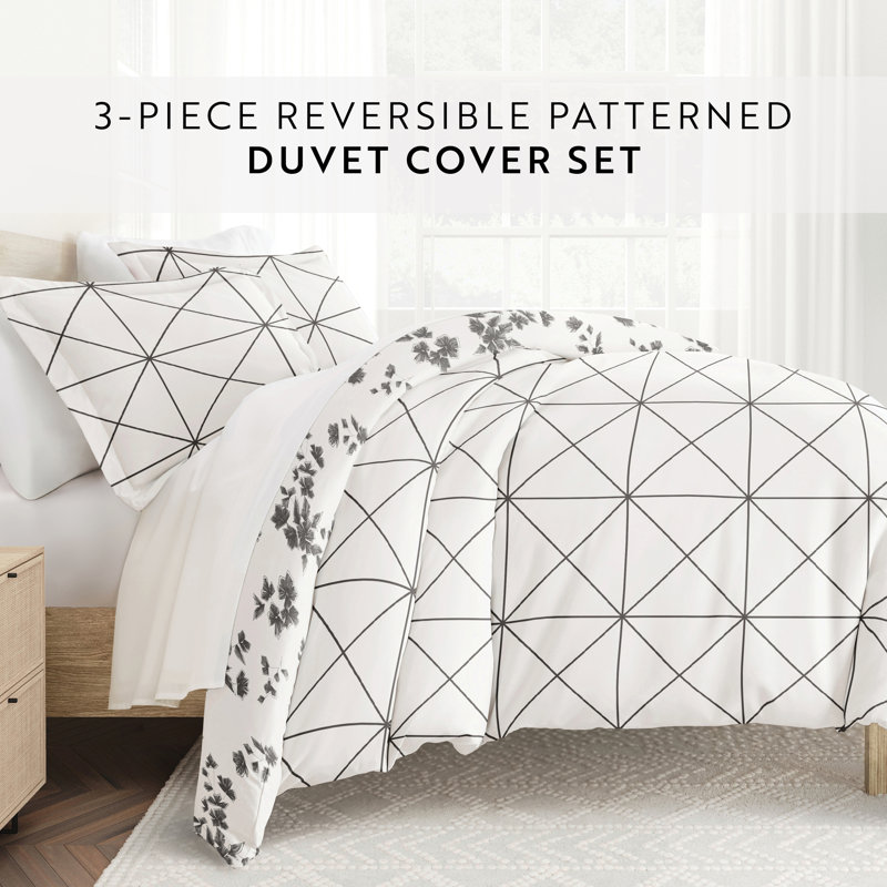 Gray and White Geometric Floral Twin/Twin XL Cotton Duvet Cover Set