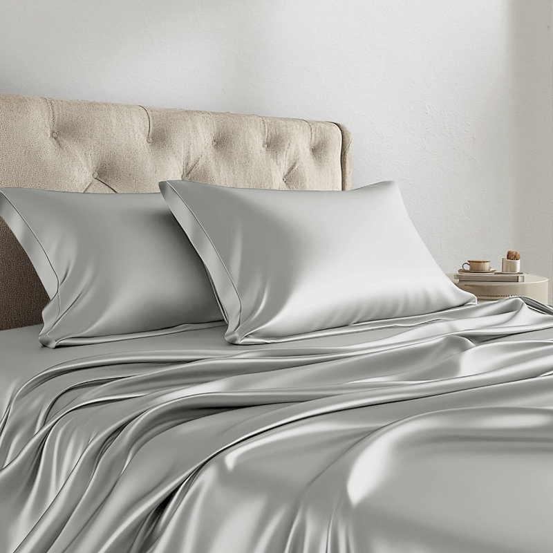 Ensemble de draps de luxe Satin infroissable, Ensemble de draps pour grand lit et quatre taies d, Gris clair
