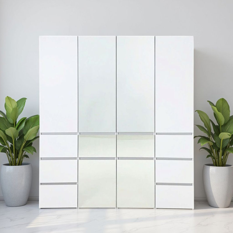 Ensemble de placard Ely, 2 portes miroir, 8 tiroirs, 75 pouces, bois blanc