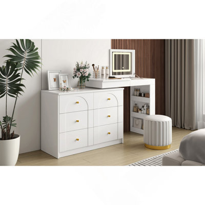 Bureau de meuble-lavabo avec miroir et lumières, coiffeuse de maquillage avec plateau rabattable et rangement 7 tiroirs, 9 compartiments, 3 tablettes, 3 tables de maquillage à modes de couleur réglables pour la chambre à coucher, blanc (N733P279096K)