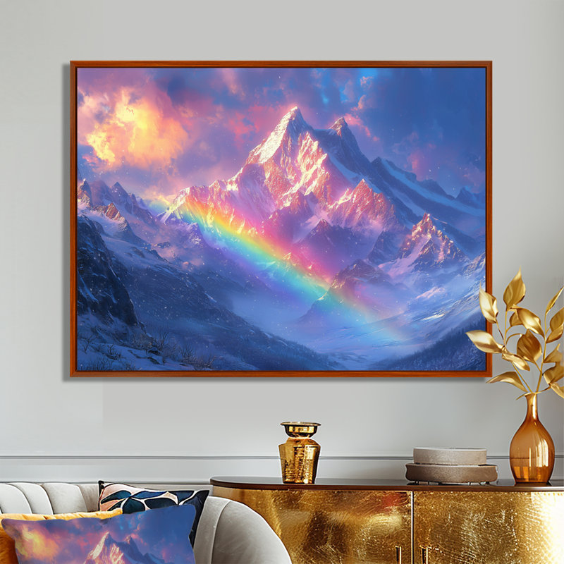 Arc-en-ciel et les montagnes enneigées II - art mural arc-en-ciel, H 16 po x l 32 po, Cadre flottant brun