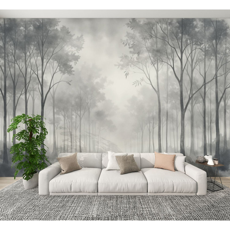 Papier peint auto-adhésif Misty Forest Landscape Tall Trees Subtle Fog, L 144 po x l 100 po