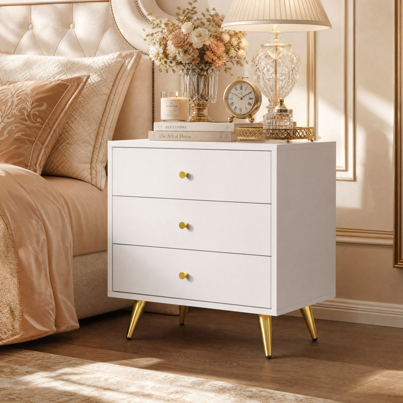 19.7" W 3-Drawer Nightstand with Gold Metal Legs and Handles, Modern Glam Bedside Table