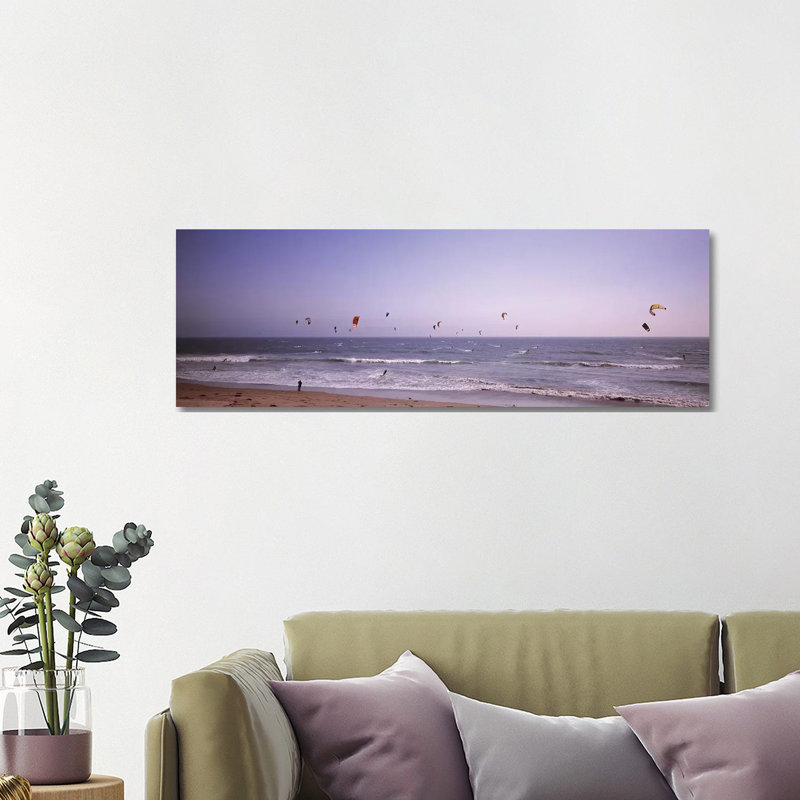 Kite Surfers Over The Sea, Waddell Beach, Waddell Creek, Santa Cruz County, California, USA - Wrapped Canvas Panoramic Print