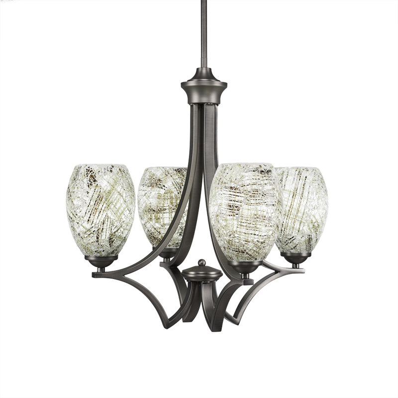 Zilo 4 Light Uplight Chandelier Shown In Dark Granite Finish With 5" Black Fusion Ice Glass, Natural, Graphite