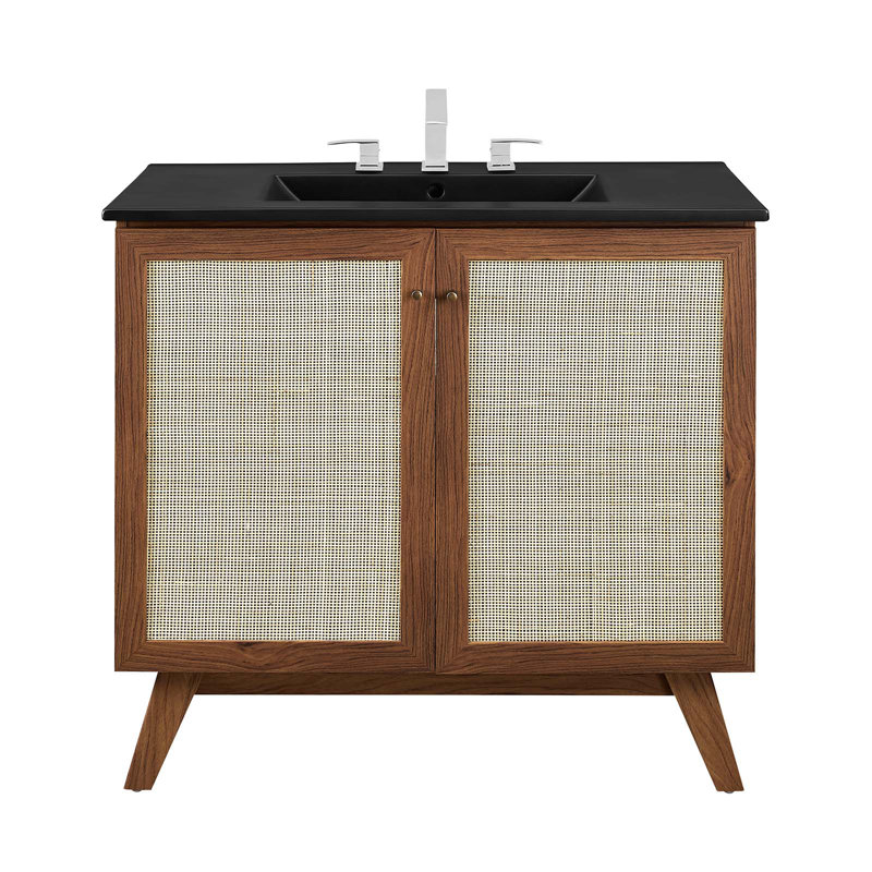 Soma 36'' Walnut Black Freestanding Bathroom Vanity with Rattan Weave