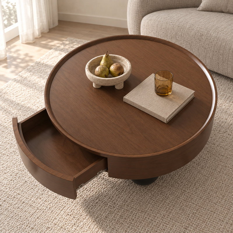 35.45 Inch Round Walnut Coffee Table with Storage Drawer and Black Ball Feet, Mid-Century Modern Wooden Cocktail Table, Round Center Table with Storage, Retro Round Accent Table for Living Room, Small Round Coffee Table for Apartment, Home Office, Guest