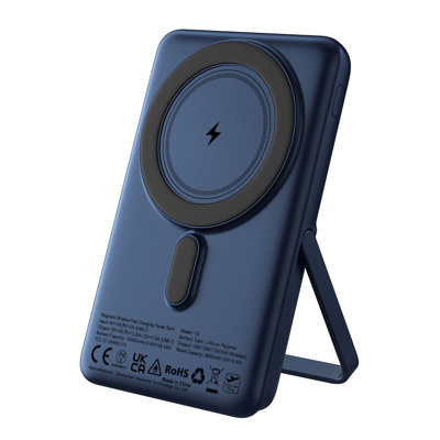Chargeur portable sans fil 10000 mAh, chargeur portable avec support pliable, batterie mince pour le voyage, bleu foncé