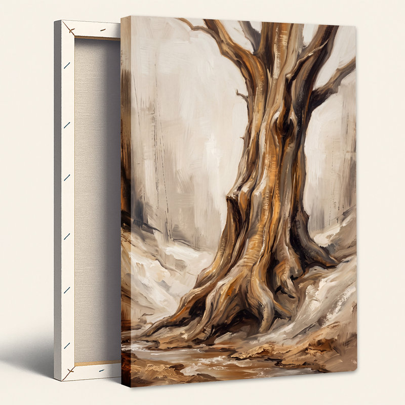 Tableau sur toile représentant un tronc d'arbre beige et brun aux racines apparentes dans une forêt blanche