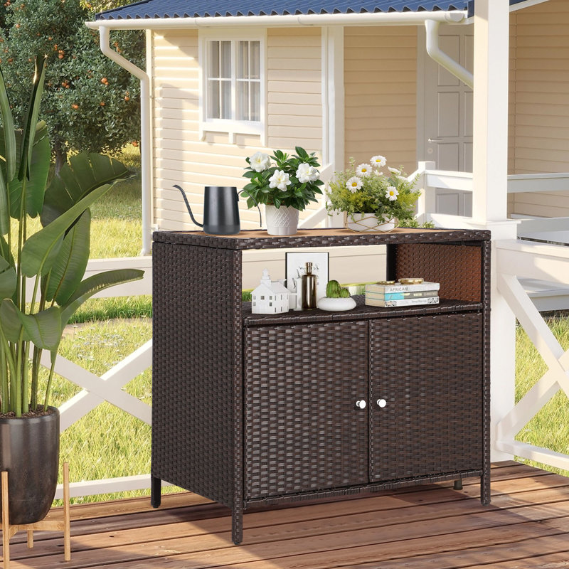 Outdoor Wicker Storage Cabinet Bar, Patio BBQ Sideboard Buffet Cabinets 2-Door Waterproof with Sturdy Wood Top, Rattan Outside Storage Bar Cabinet with Open Compartment & Enclosed Cabinet