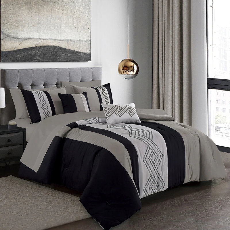 Ensemble d'édredon 9 pièces Bed-in-a-Bag Soft Bedding, Noir uni / formes géométriques