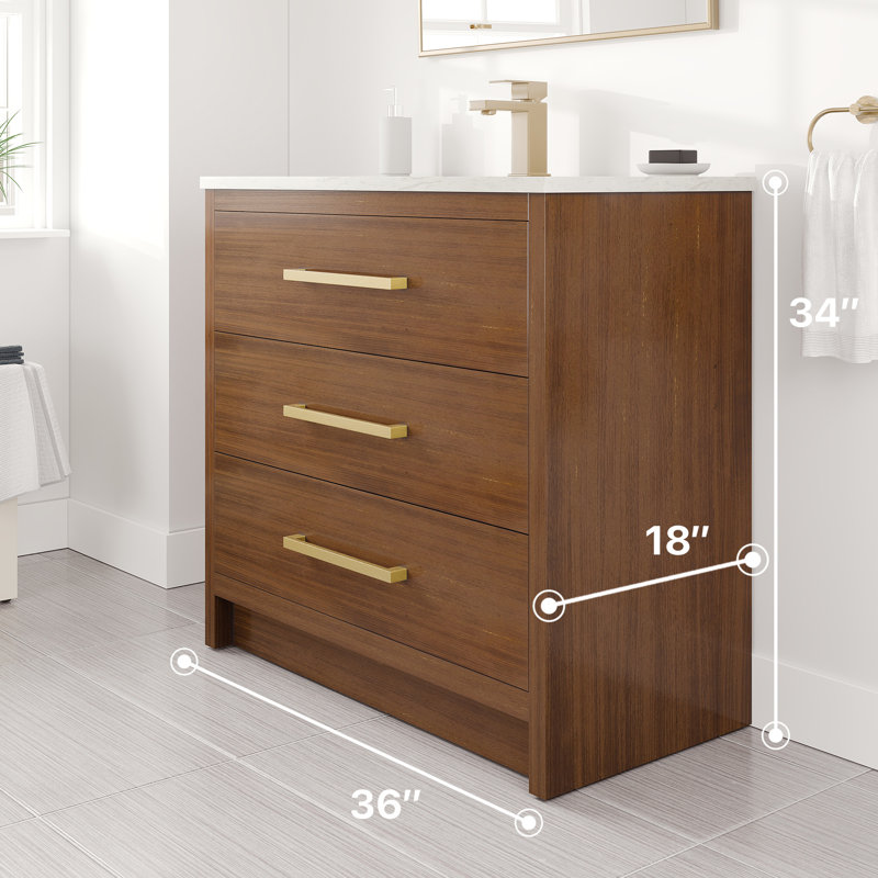 Ilsa 36"W X 18"D Bathroom Vanity With White Carrara Quartz Countertop And Undermount Porcelain Sink, Walnut