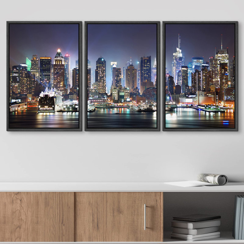 «Architecture Building New York City Skyline Night», reproduction d'art moderne sur toile, 3 pièces, H 36 po x l 72 po, Noir