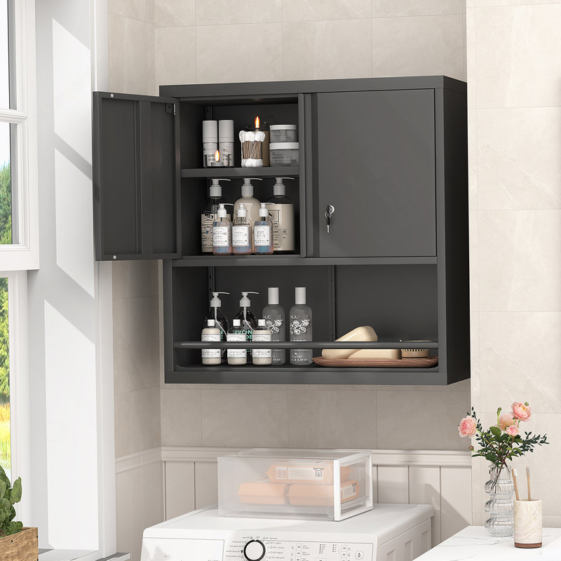 Armoire murale en bois massif gris foncé à 2 portes avec 2 tablettes réglables et prêtes à assembler pour un rangement polyvalent (24 W x 12 P x 30 H)