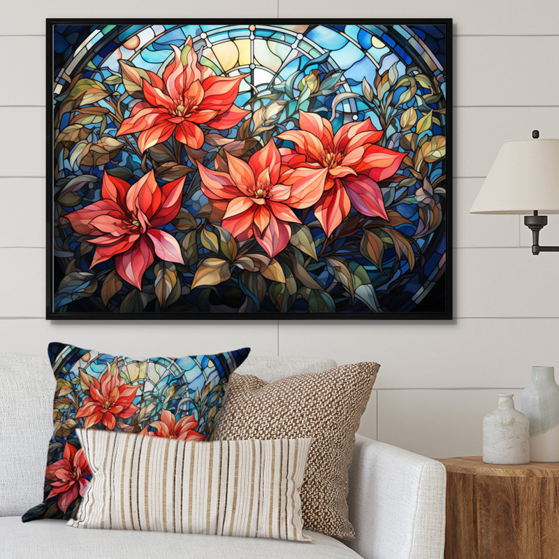 Vitrail poinsettia II - impression, Cadre flottant noir, H 24 po x l 32 po x P 1 po