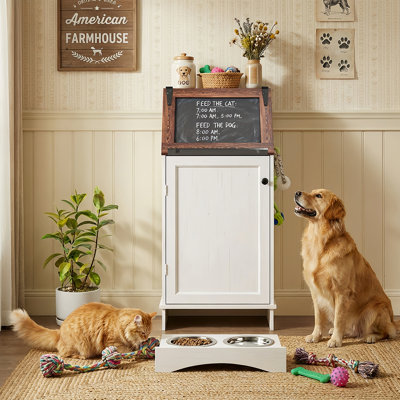 Dog Feeding Station With Storage, Dog Food Storage Cabinet With 2 Hidden Feeding Bowls, Flip-Top Pet Feeder Station