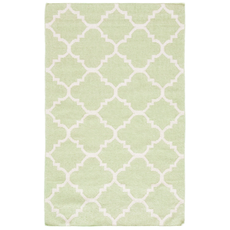 Estevez Hand Woven Flat Weave Wool/Cotton Geometric Rug in Ivory/Light Green, Rectangle 3' x 5'