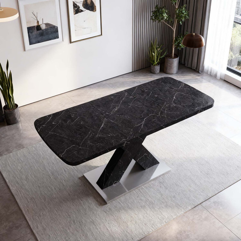 Table de salle à manger rectangulaire moderne avec plateau extensible et pieds en X durables, Noir, Noir