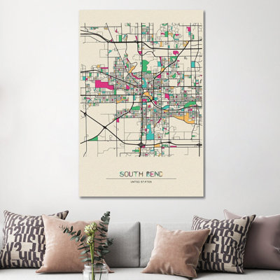 «South Bend, Indiana Map» par Ayse Deniz Akerman - impression sur toile tendue