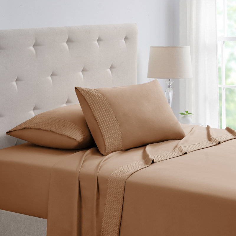 Bamboo 4 Piece 1800 Thread Count Waffle Hem Sheet Set, Rust, Queen