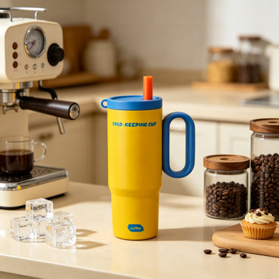 Cafetière isotherme jaune avec poignée et paille, tasse de voyage de grande capacité en acier inoxydable 18/8, tasse de boisson froide de bureau de maison réutilisable antidérapante